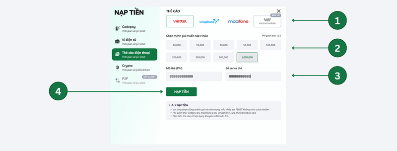 FEBET nạp tiền qua thẻ điện thoại